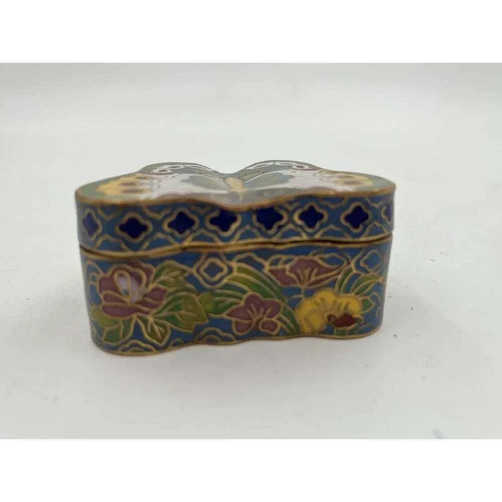 Cloisonne Pill Box Trinket Candle Metal Container  BUTTERFLY Design Multicolor